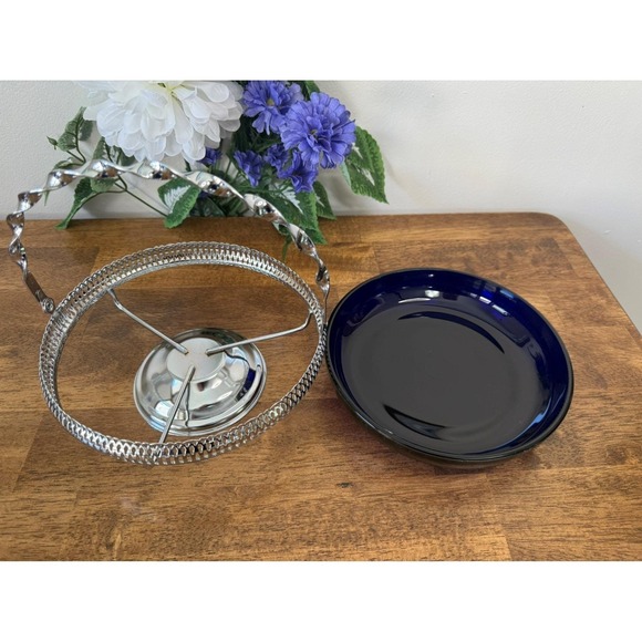 Vintage Cobalt Blue Glass Basket Dish Ornate Silver Plated Twisted Handle - Picture 8 of 8